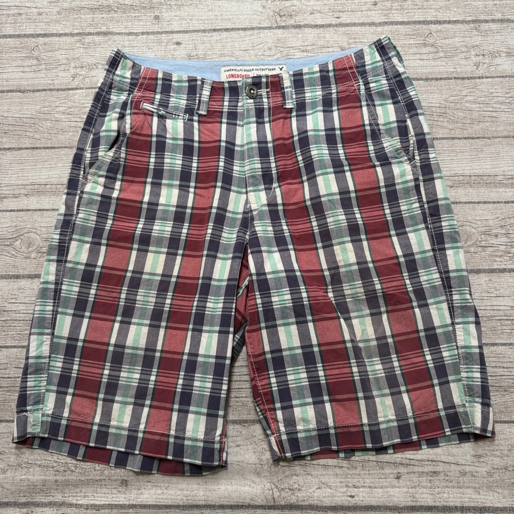 Y2K American Eagle Shorts Men's 32 Red Plaid Cotton Longboard Hiking Outdoor